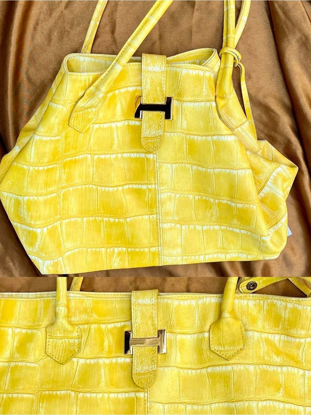 Vera Pelle Yellow Croc-Embossed Shoulder Tote with Hardware Accent